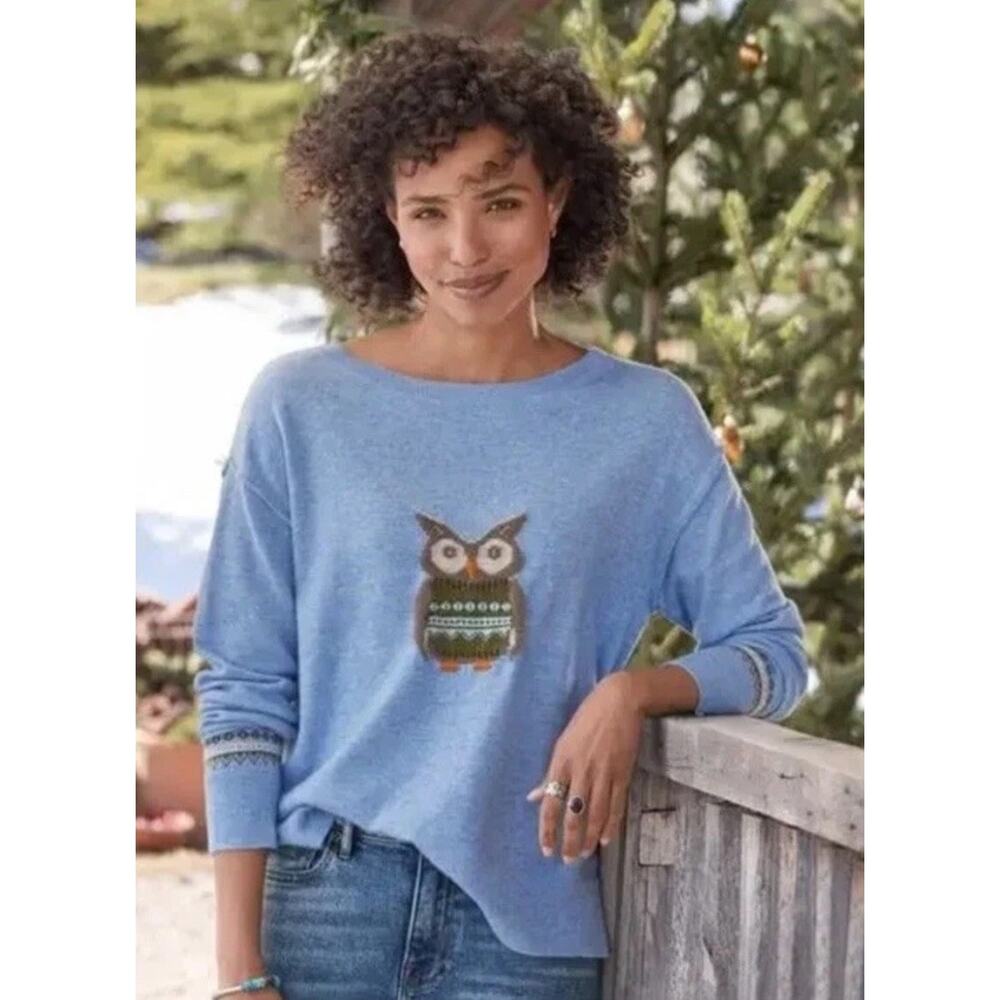 Sundance Wise Owl Wool Blend Blue Sweater Fair‎ Isle Cheerful Forest Womens PXS